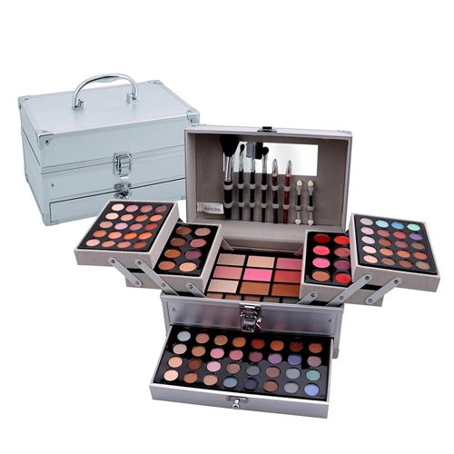 A complete makeup bag set, cosmetics with eye shadow, concealer, lipstick, blush