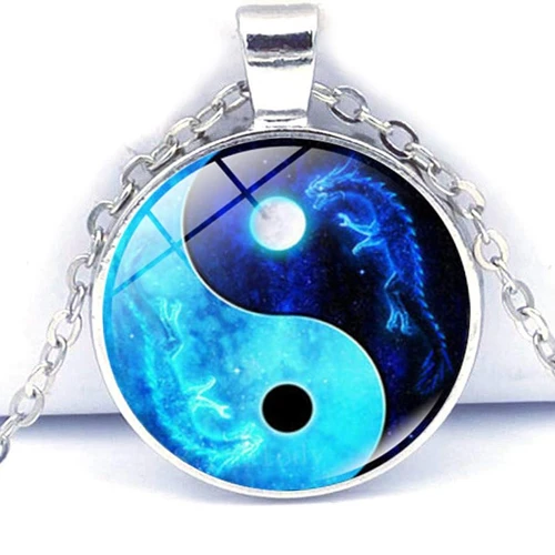 2 Pcs Fashion Yin Yang Necklaces Glass Pendant Dragon Moon Pattern Chakra Pendan
