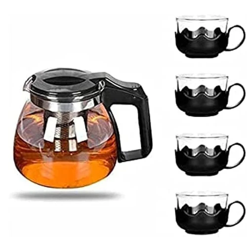 Pyrex tea serving set consisting of a 1.8-liter Pyrex kettle and 4 Pyrex cups